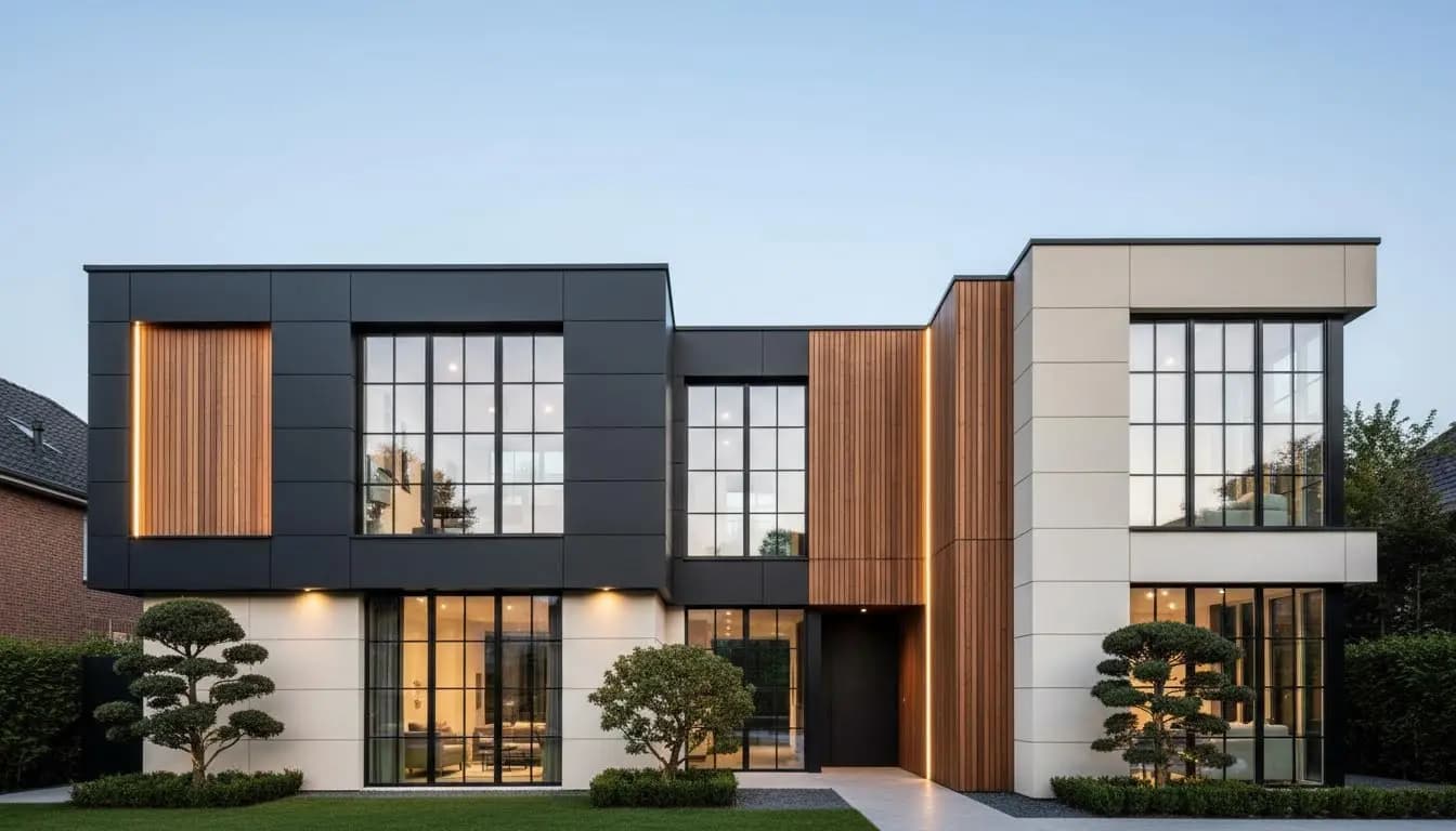 Modern building with black aluminum vertical cladding panels showcasing clean shadow lines