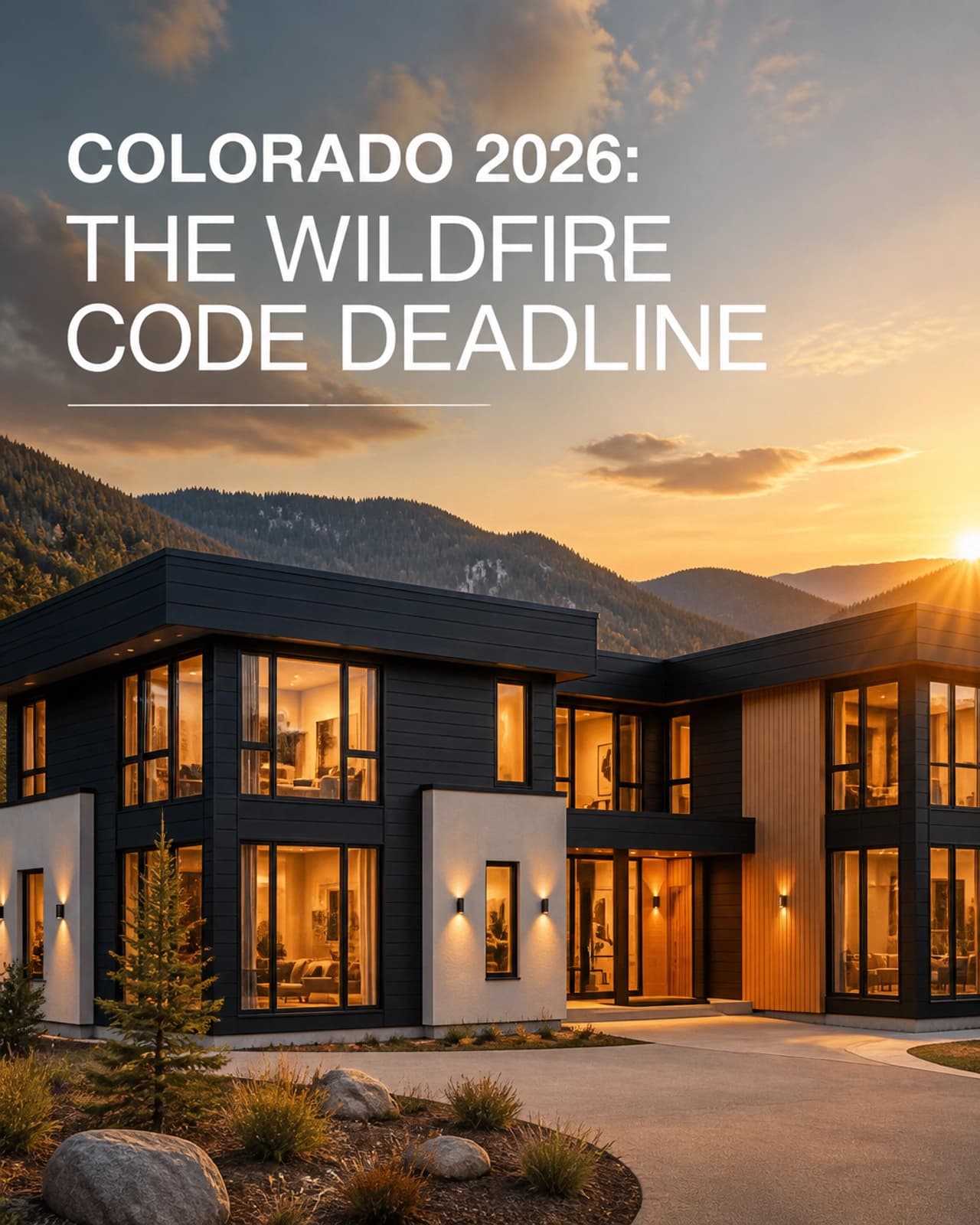 Modern Colorado residence at sunset showing aluminum cladding façade in wildfire-prone mountain environment
