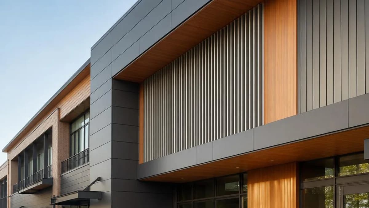 Commercial building façade combining aluminum panels, vertical battens, and matching aluminum soffit cladding